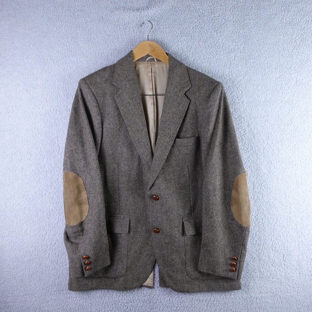 Vintage Farah Pure Wool Herringbone Blazer Brown Grey Elbow Patches 40R Mens